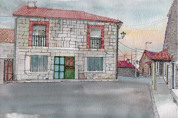 Acuarela y tinta calle pueblo