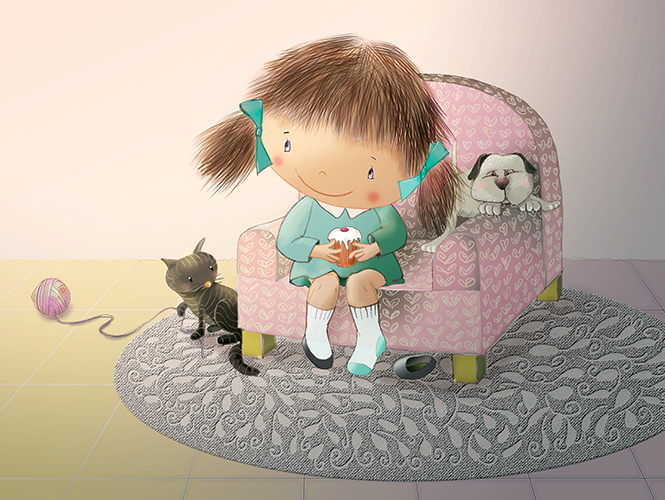Dibujo infantil niña sentada en sillón y pastel